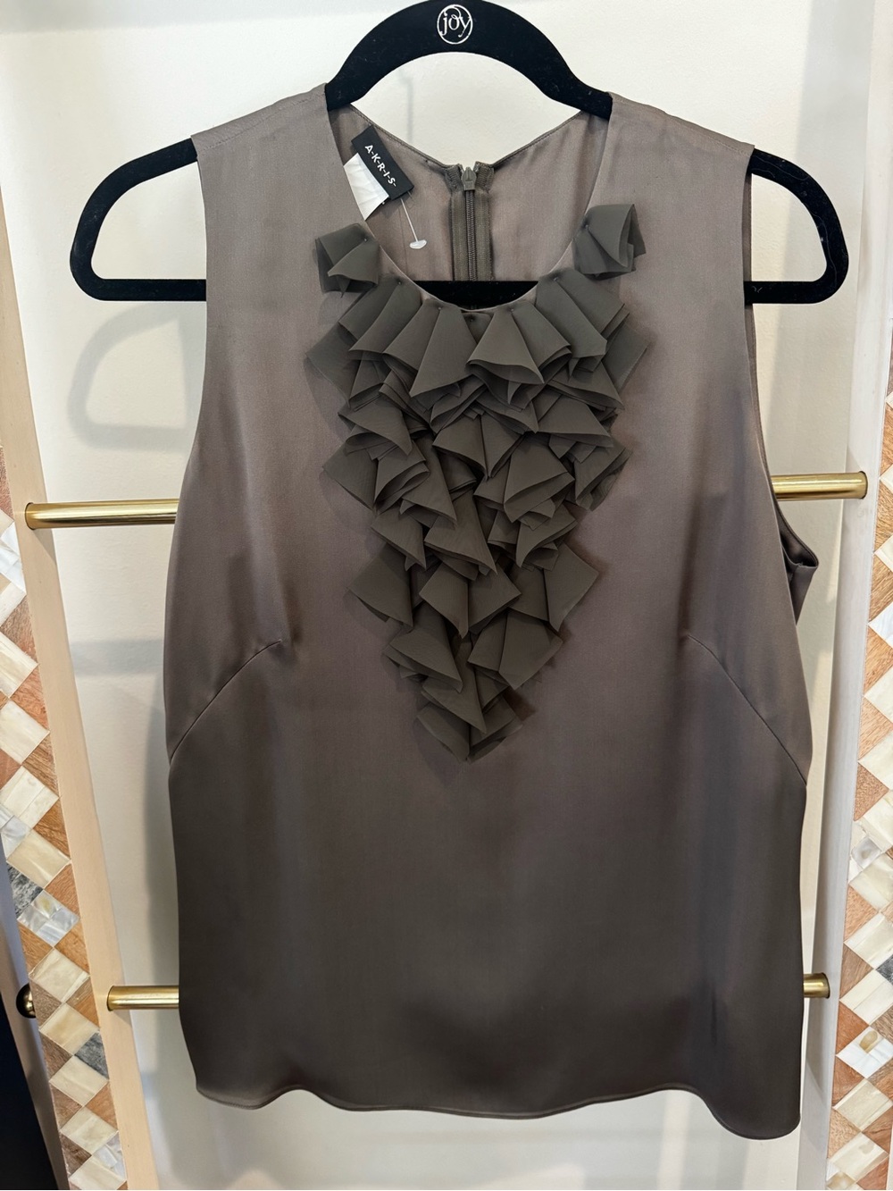 Akris Olive Gray Ruffle Front Sleeveless Top